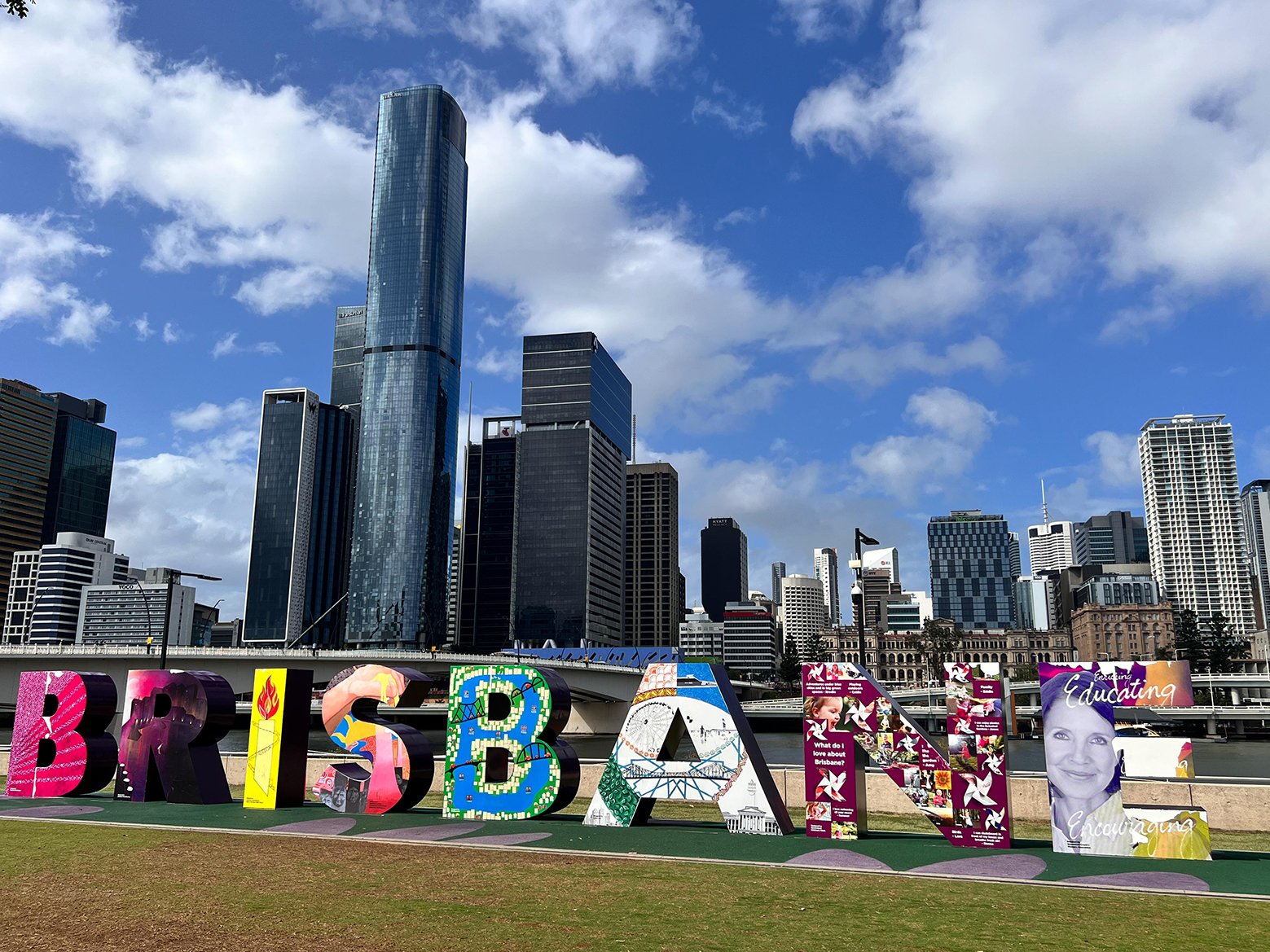 BRISBANE - OCT 04 2023:Brisbane city sign with Brisbane downtown central business district skyline as view from Brisbane south bank. Brisbane is the capital city of Queensland state, Australia.